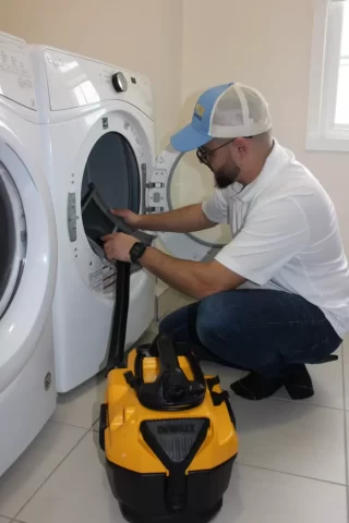 appliance repair technician fixing dryer